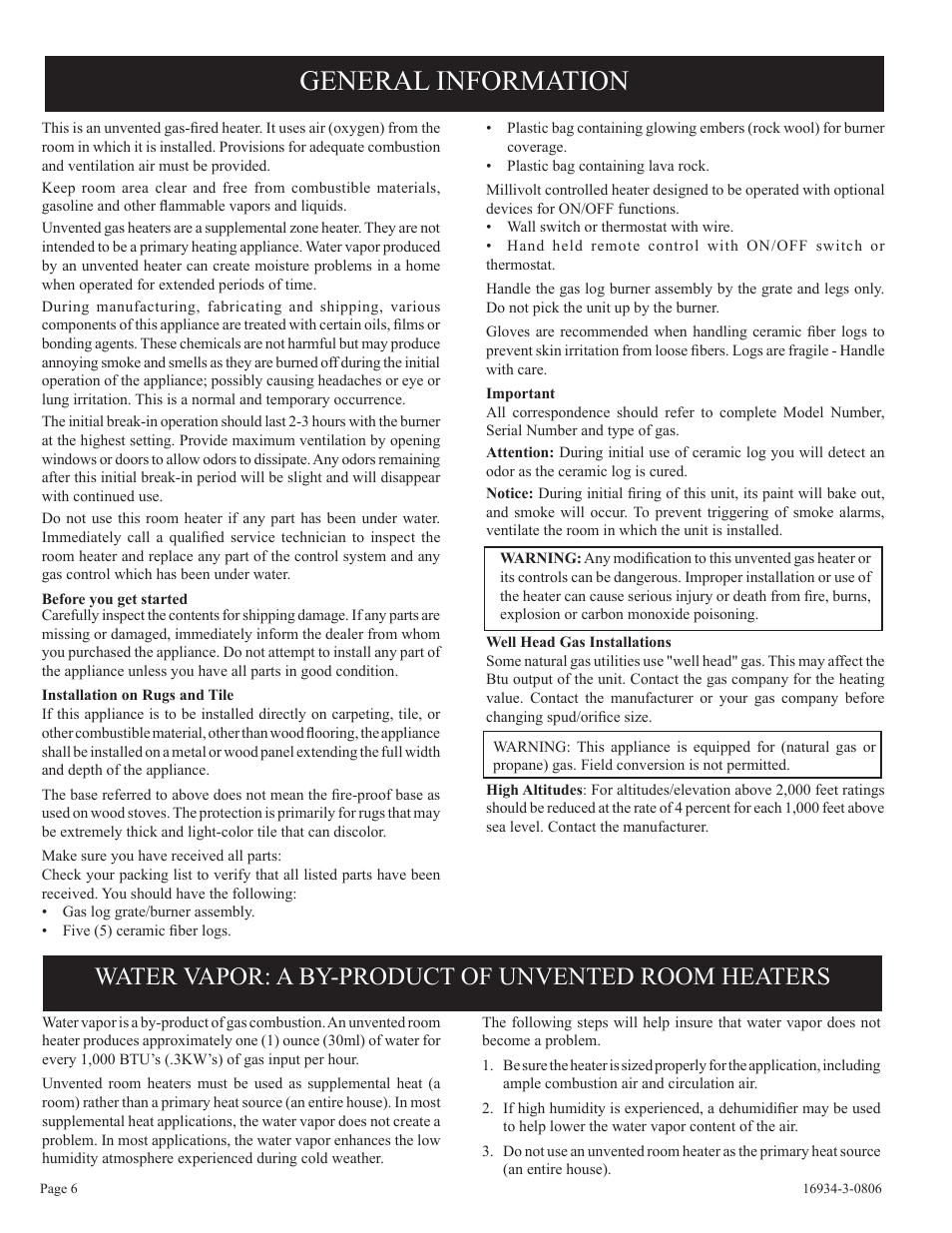General information, Water vapor: a by-product of unvented room heaters | Empire Comfort Systems CHBR-16-3 User Manual | Page 6 / 20