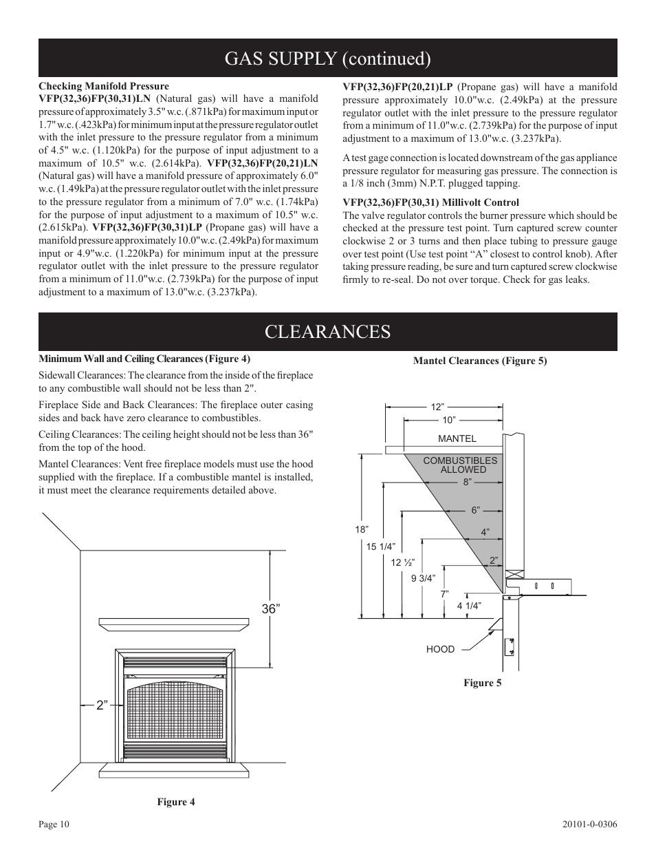 Gas supply (continued) clearances | Empire Comfort Systems VFP32FP User Manual | Page 10 / 28