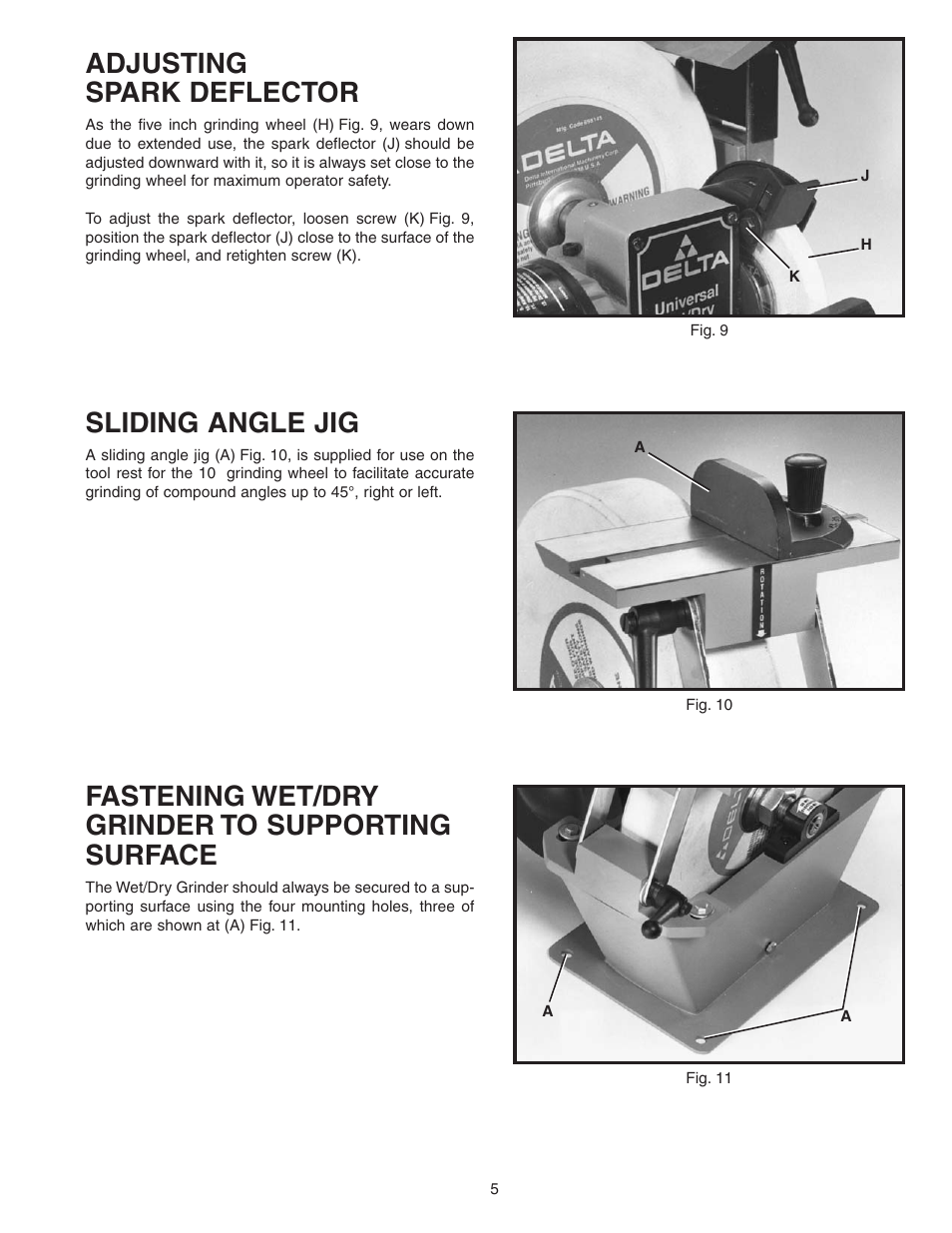Adjusting spark deflector, Fastening wet/dry grinder to supporting surface, Sliding angle jig | Empire Comfort Systems 23-700 User Manual | Page 5 / 10