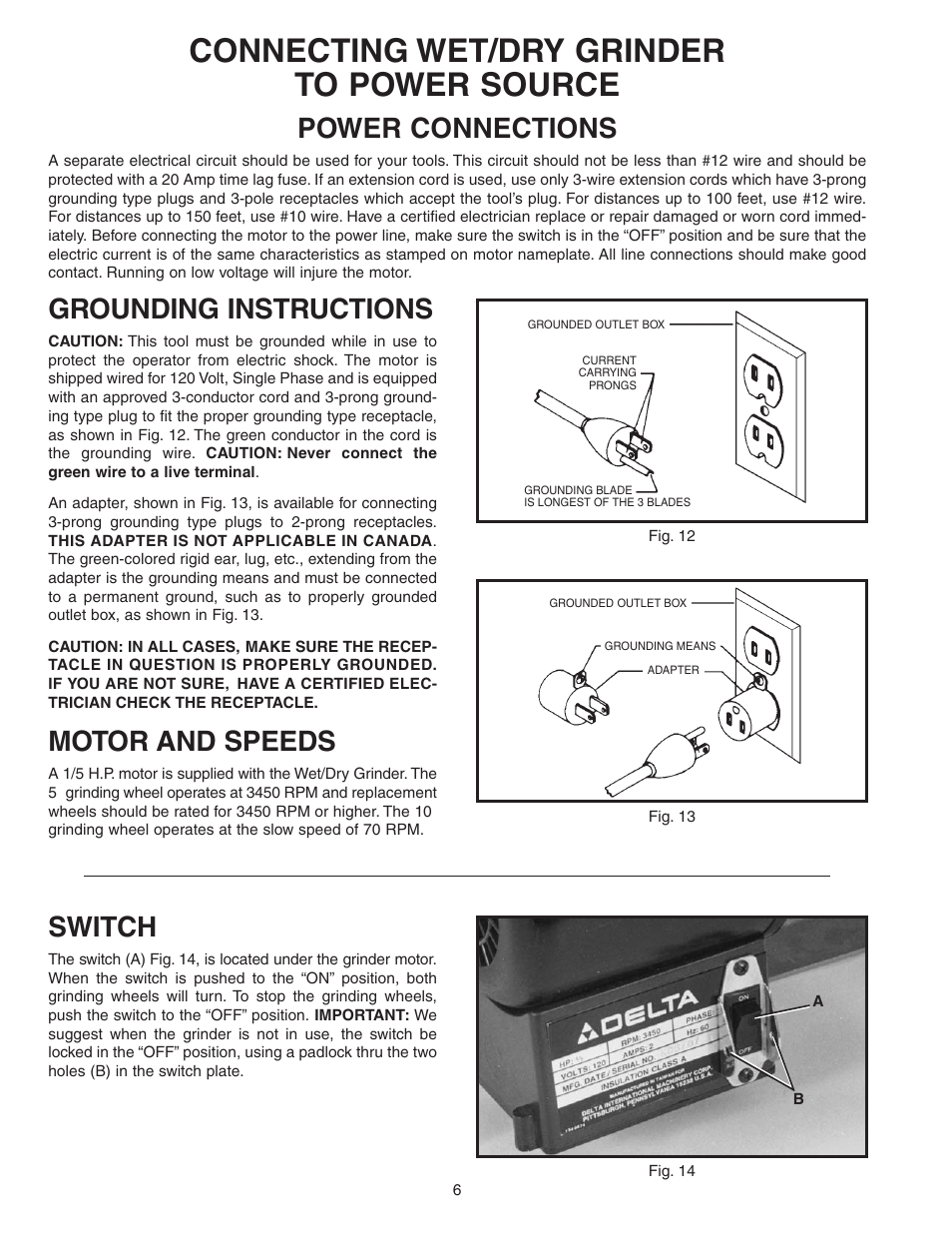 Connecting wet/dry grinder to power source, Power connections, Grounding instructions | Motor and speeds, Switch | Empire Comfort Systems 23-700 User Manual | Page 6 / 10