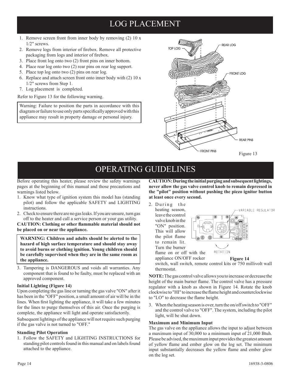 Log placement, Operating guidelines | Empire Comfort Systems CIVF-25-21 User Manual | Page 14 / 28