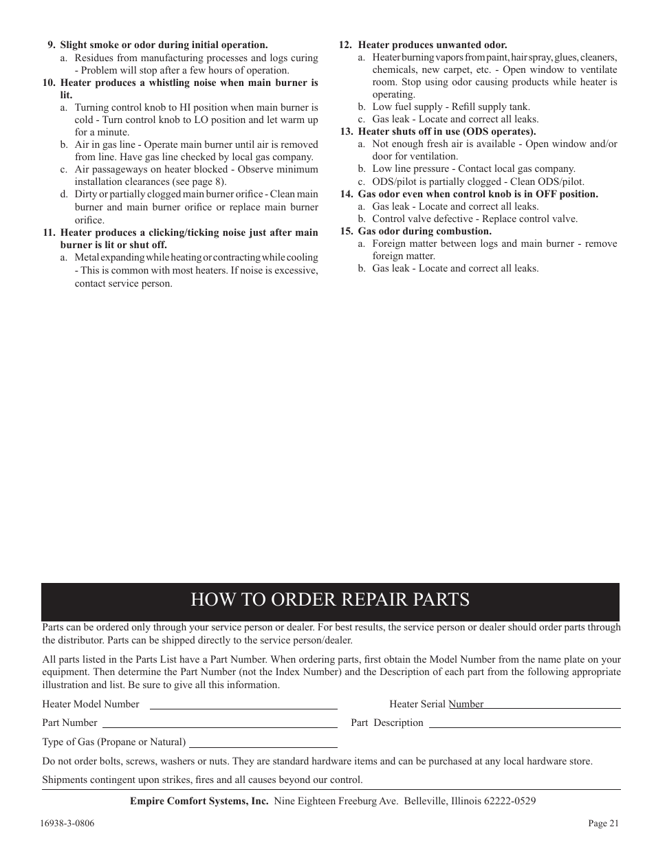 How to order repair parts | Empire Comfort Systems CIVF-25-21 User Manual | Page 21 / 28