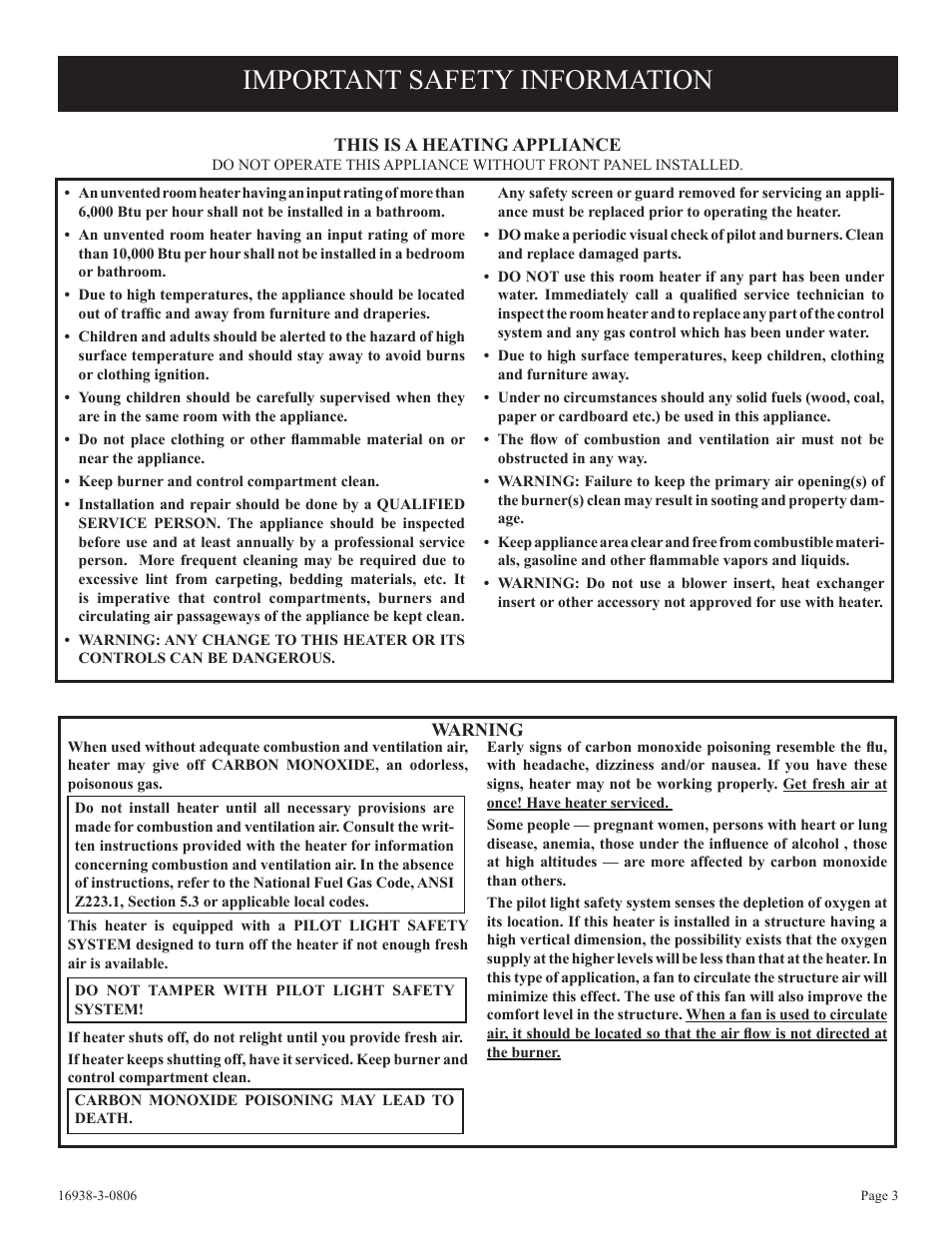 Important safety information | Empire Comfort Systems CIVF-25-21 User Manual | Page 3 / 28