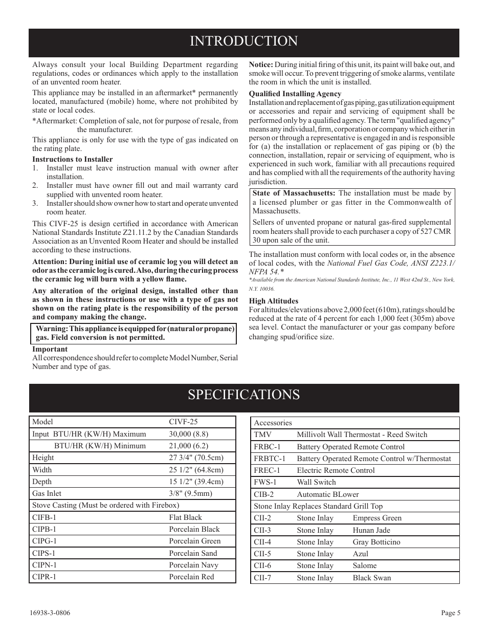 Introduction specifications | Empire Comfort Systems CIVF-25-21 User Manual | Page 5 / 28