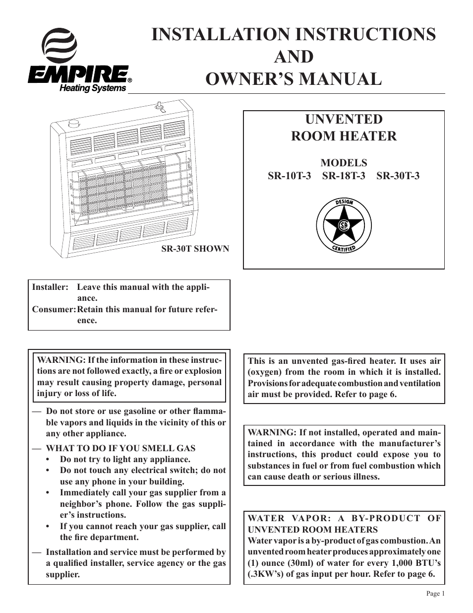 Empire Comfort Systems SR-10T-3 User Manual | 24 pages