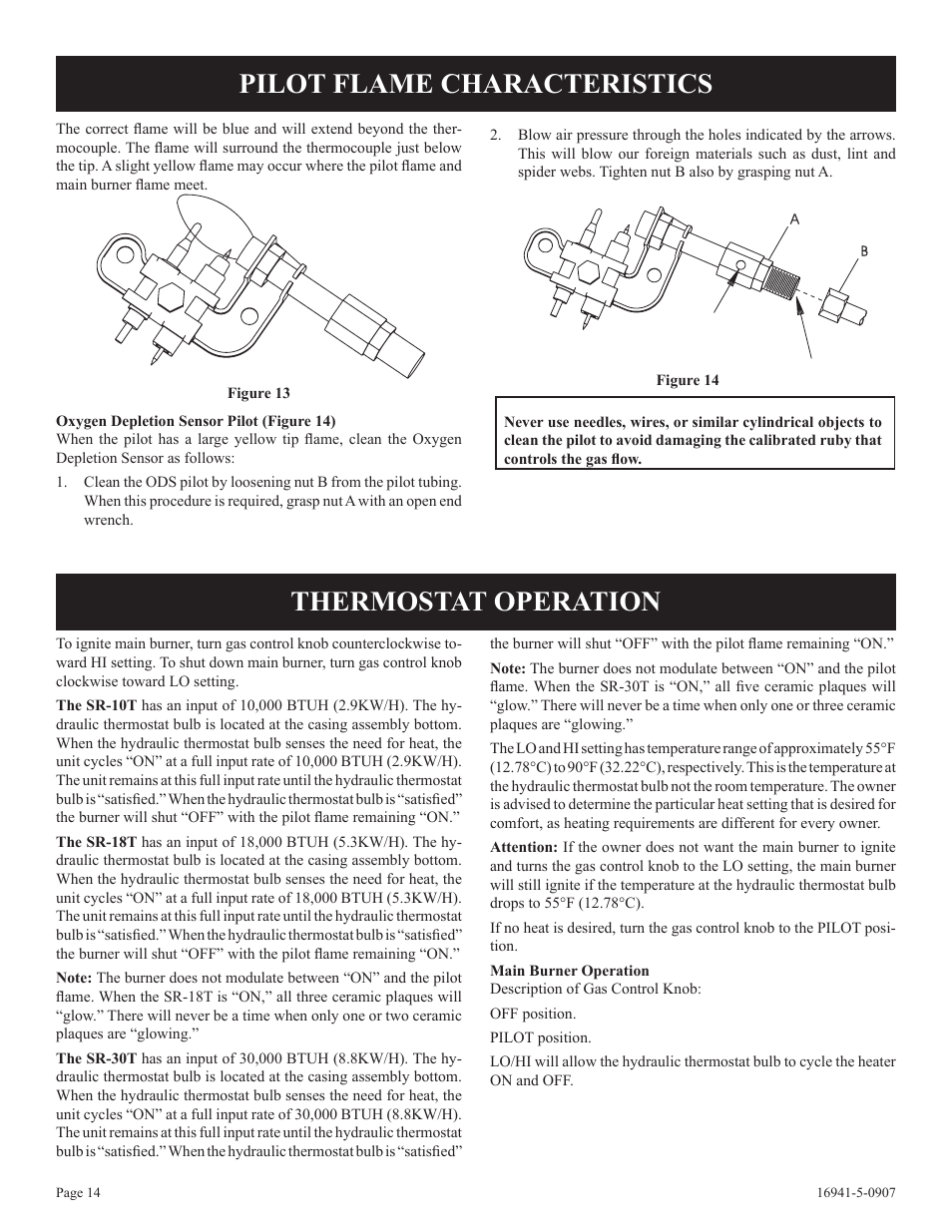 Pilot flame characteristics thermostat operation | Empire Comfort Systems SR-10T-3 User Manual | Page 14 / 24
