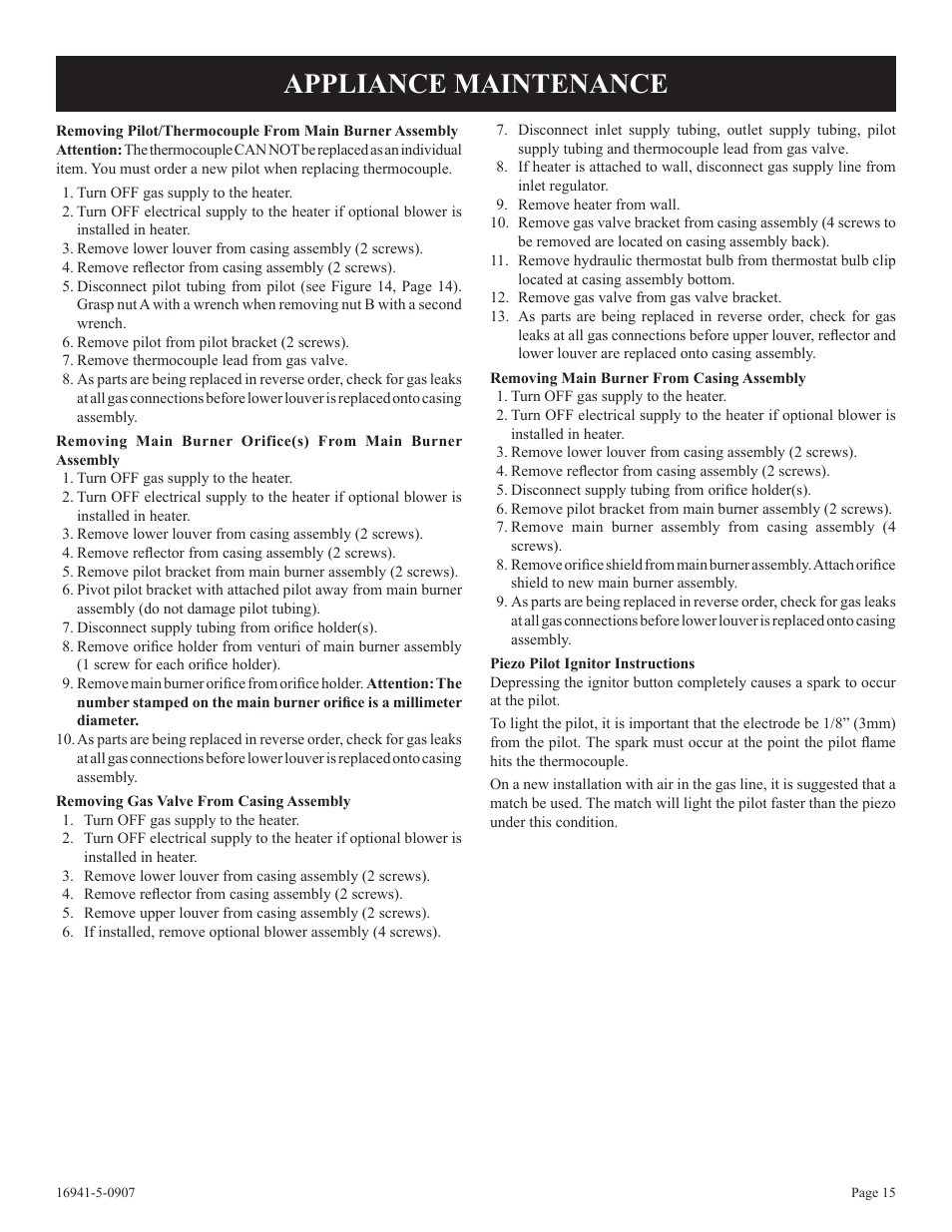 Appliance maintenance | Empire Comfort Systems SR-10T-3 User Manual | Page 15 / 24