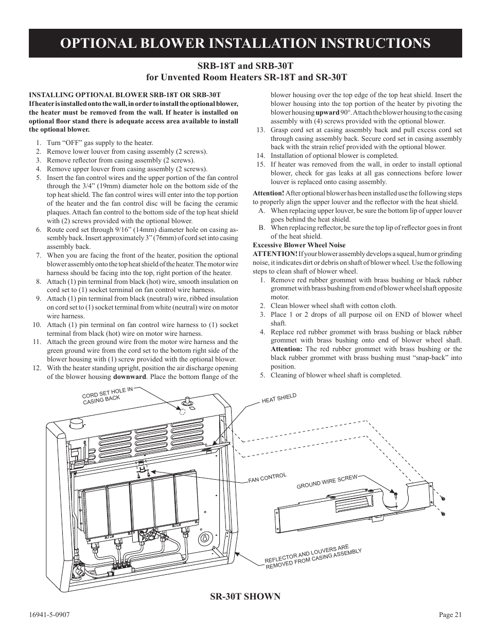 Optional blower installation instructions | Empire Comfort Systems SR-10T-3 User Manual | Page 21 / 24