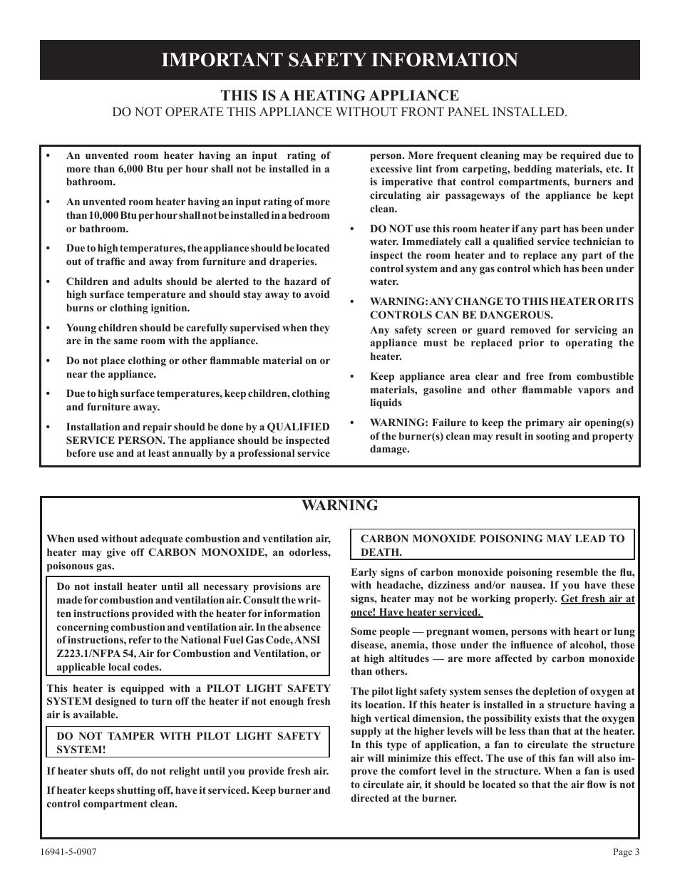 Important safety information, Warning, This is a heating appliance | Empire Comfort Systems SR-10T-3 User Manual | Page 3 / 24