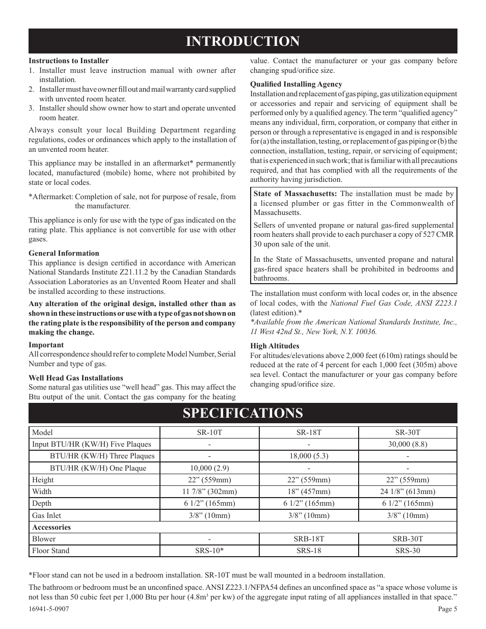 Introduction specifications | Empire Comfort Systems SR-10T-3 User Manual | Page 5 / 24