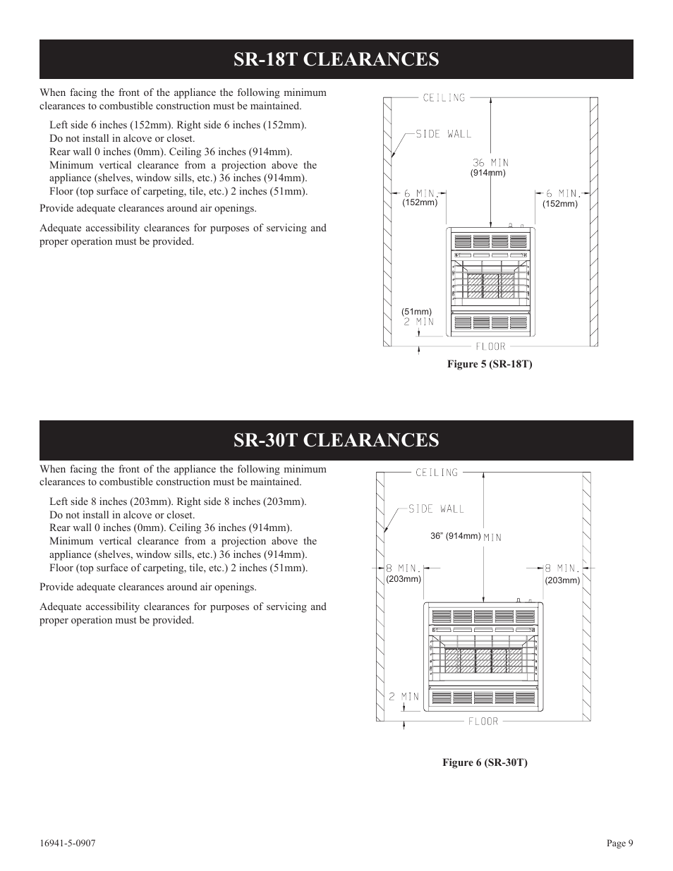 Sr-18t clearances sr-30t clearances | Empire Comfort Systems SR-10T-3 User Manual | Page 9 / 24