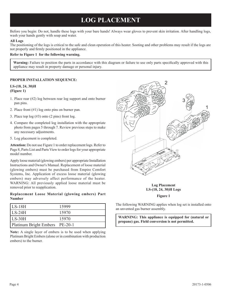 Log placement | Empire Comfort Systems LS-24H-1 User Manual | Page 4 / 8