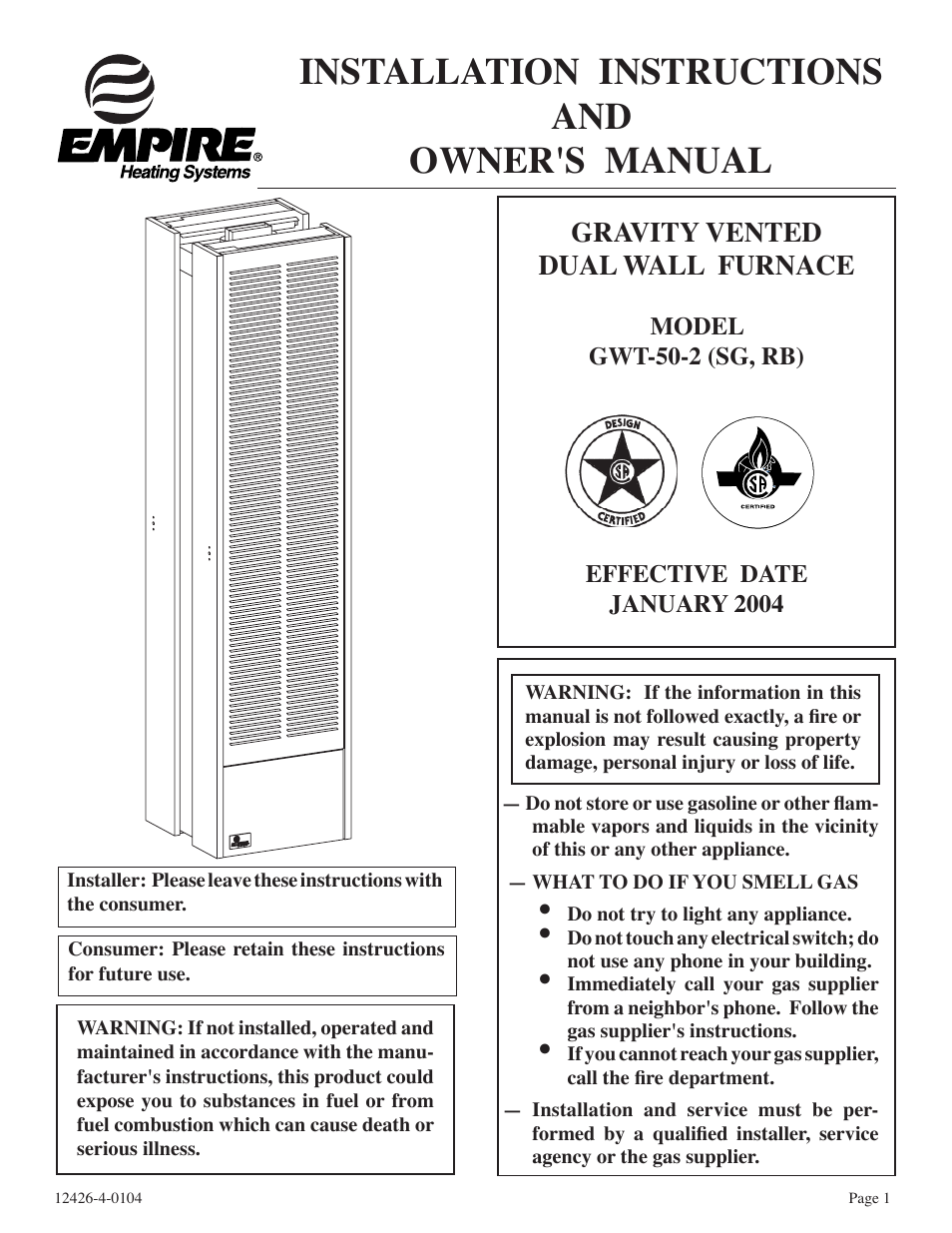 Empire Comfort Systems GWT-50-2 User Manual | 20 pages