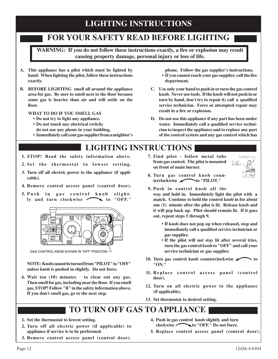 For your safety read before lighting, Lighting instructions | Empire Comfort Systems GWT-50-2 User Manual | Page 12 / 20