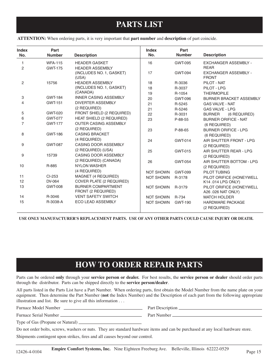 Parts list, How to order repair parts | Empire Comfort Systems GWT-50-2 User Manual | Page 15 / 20