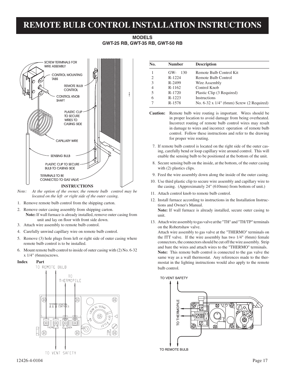 Remote bulb control installation instructions | Empire Comfort Systems GWT-50-2 User Manual | Page 17 / 20