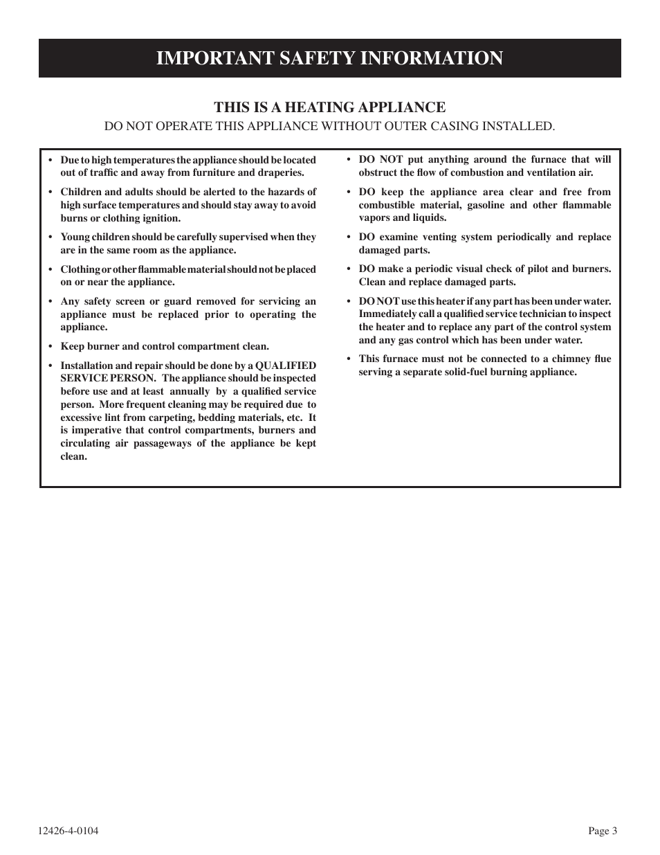 Important safety information, This is a heating appliance | Empire Comfort Systems GWT-50-2 User Manual | Page 3 / 20