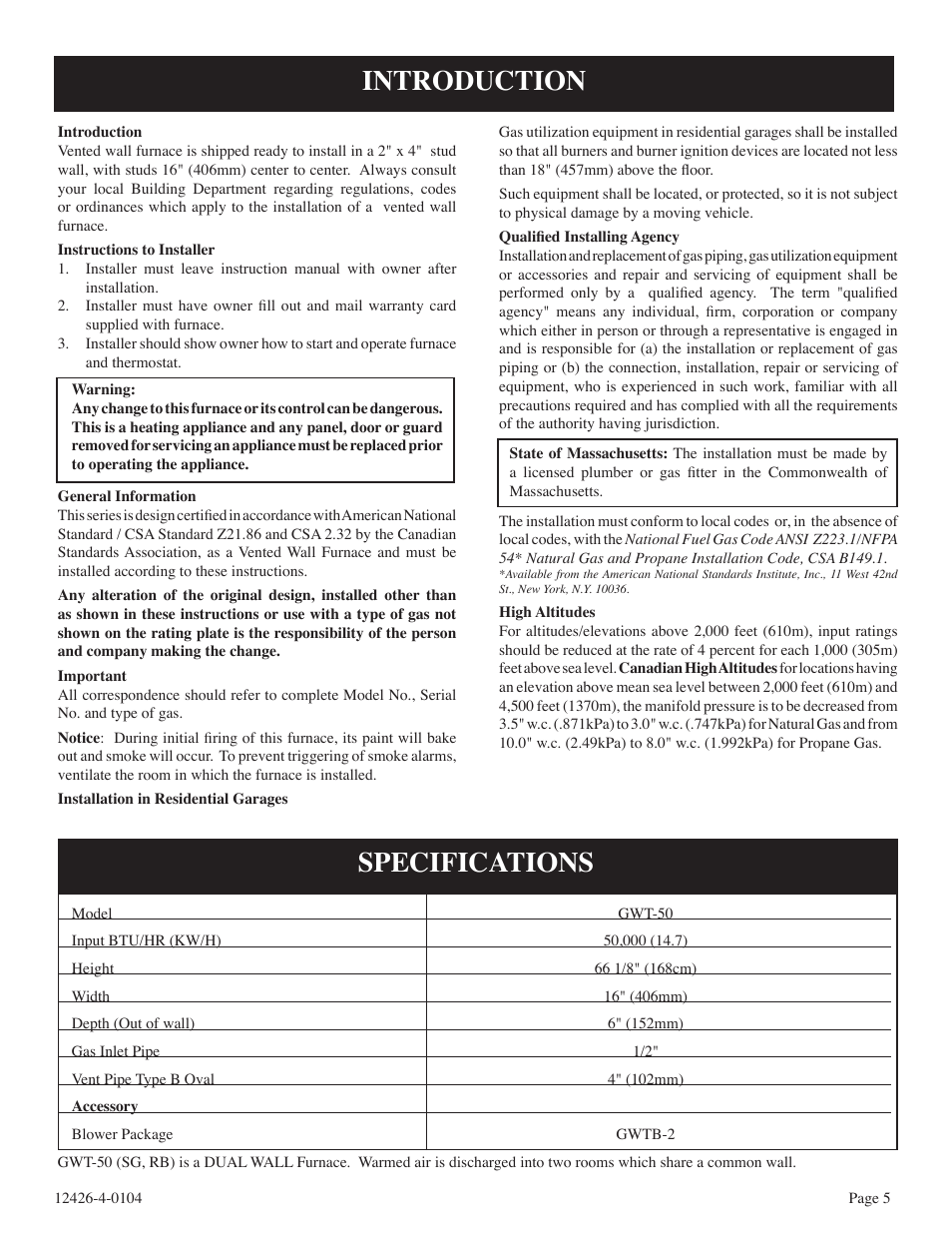 Introduction, Specifications | Empire Comfort Systems GWT-50-2 User Manual | Page 5 / 20