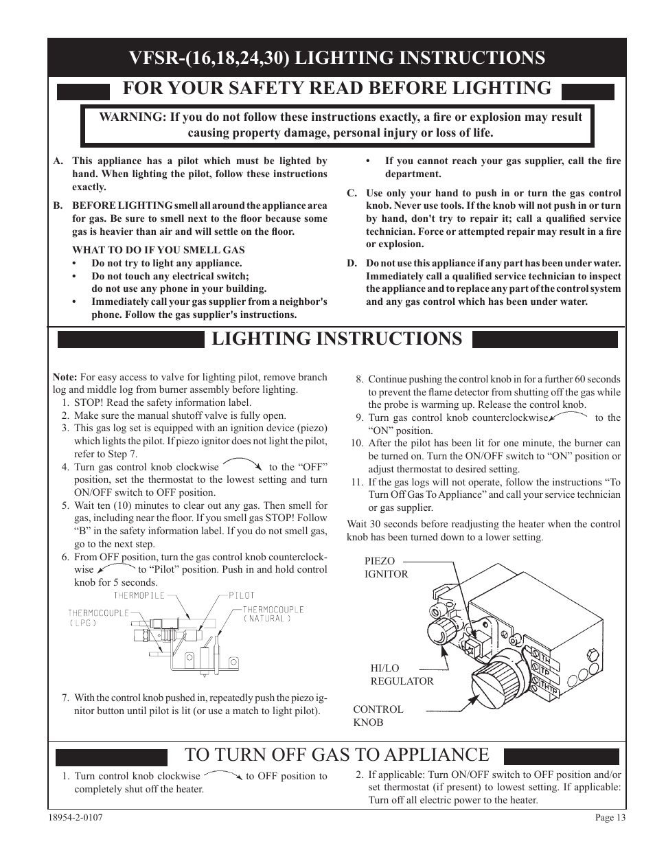 For your safety read before lighting, Lighting instructions to turn off gas to appliance | Empire Comfort Systems VFSR-18-3  EN User Manual | Page 13 / 24