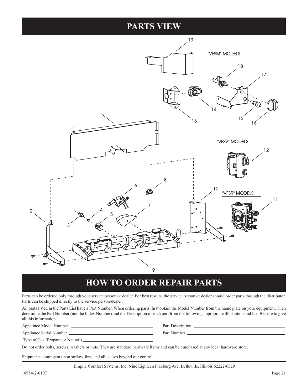Parts view how to order repair parts | Empire Comfort Systems VFSR-18-3  EN User Manual | Page 21 / 24