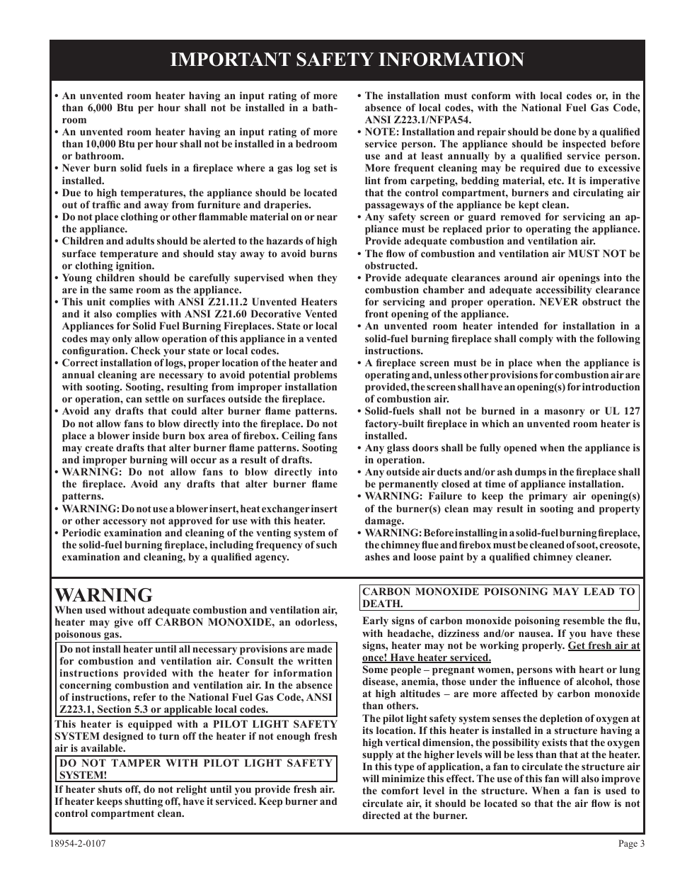 Warning, Important safety information | Empire Comfort Systems VFSR-18-3  EN User Manual | Page 3 / 24