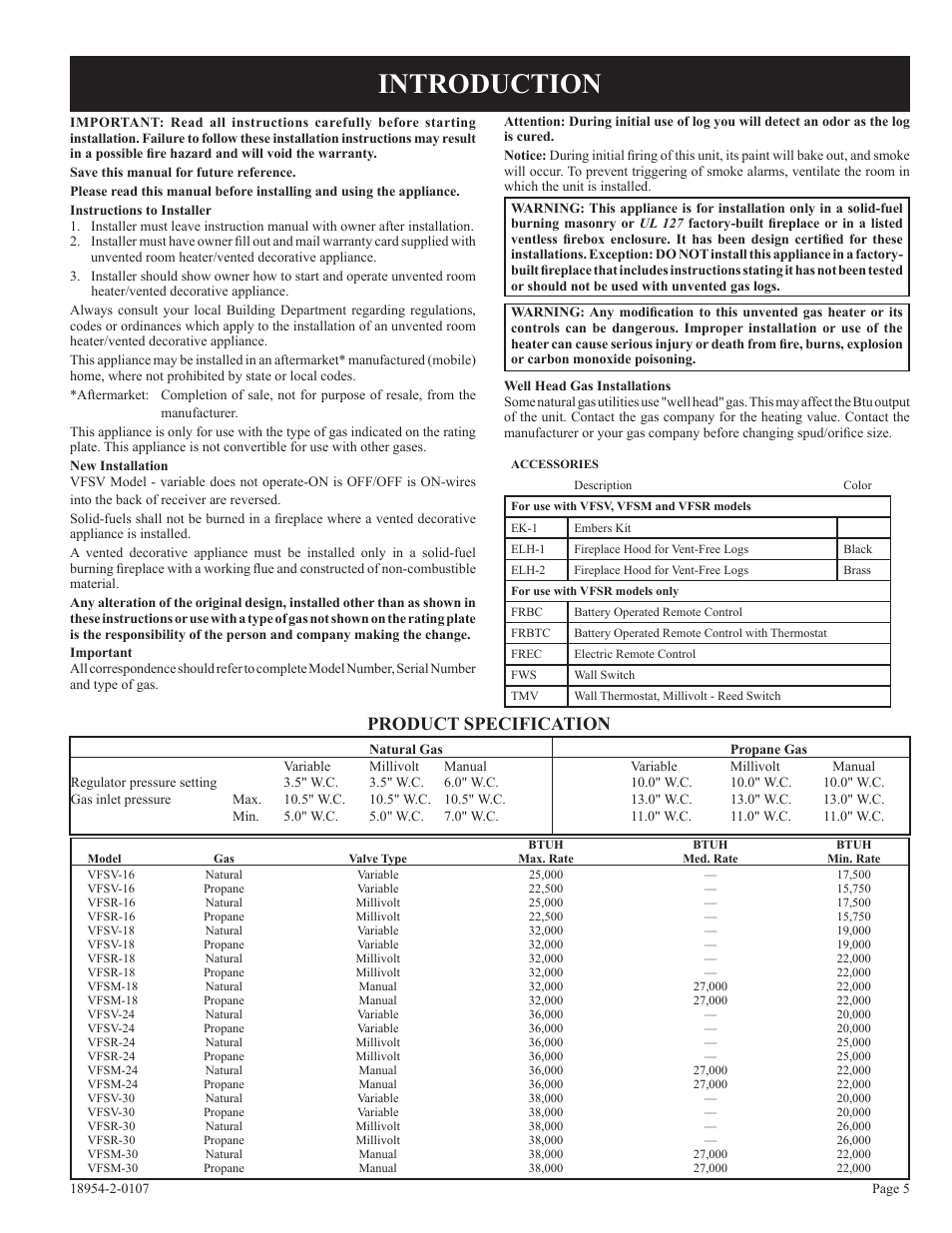 Introduction, Product specification | Empire Comfort Systems VFSR-18-3  EN User Manual | Page 5 / 24
