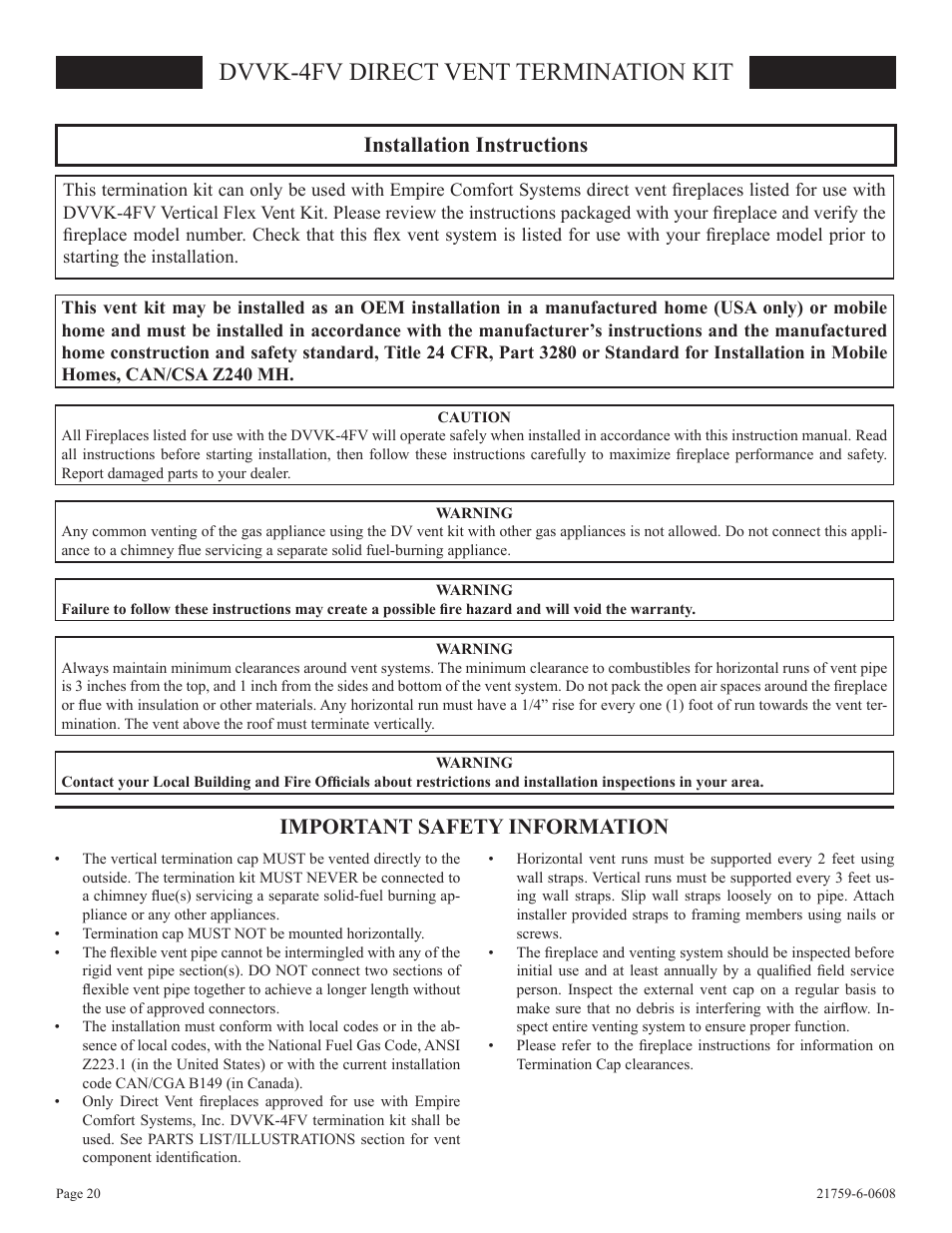 Dvvk-4fv direct vent termination kit, Installation instructions, Important safety information | Empire Comfort Systems DVP48FP3  EN User Manual | Page 20 / 72