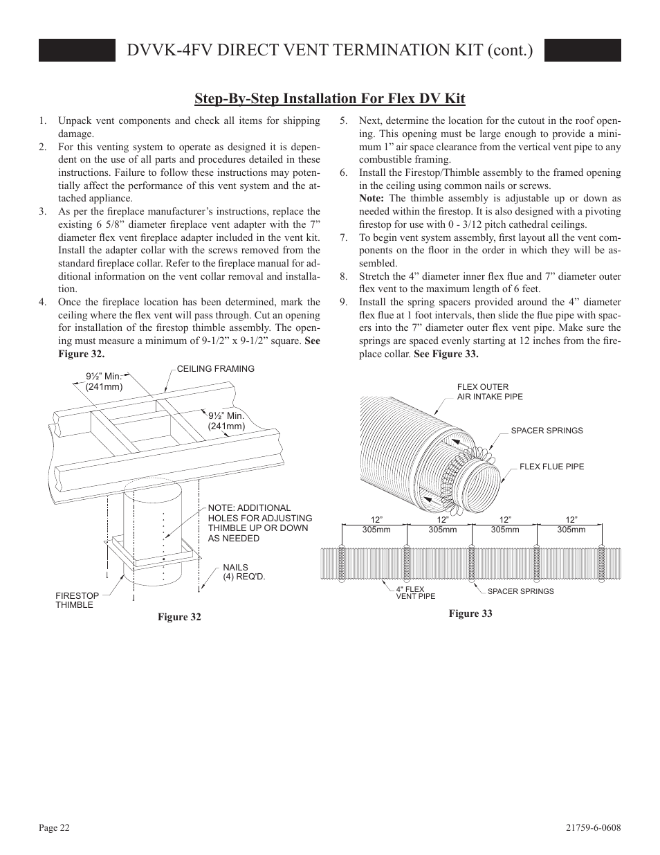 Dvvk-4fv direct vent termination kit (cont.), Step-by-step installation for flex dv kit | Empire Comfort Systems DVP48FP3  EN User Manual | Page 22 / 72