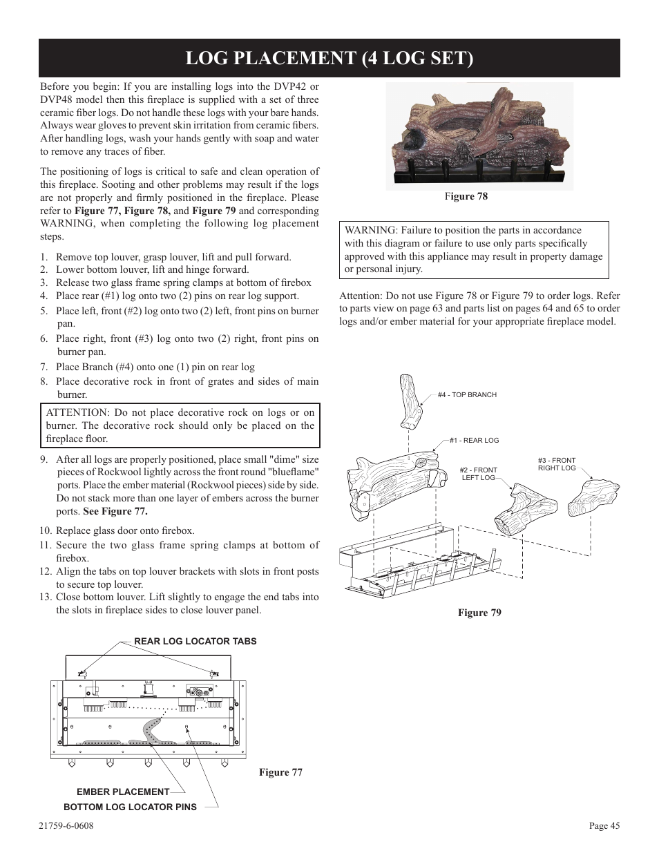 Log placement (4 log set) | Empire Comfort Systems DVP48FP3  EN User Manual | Page 45 / 72