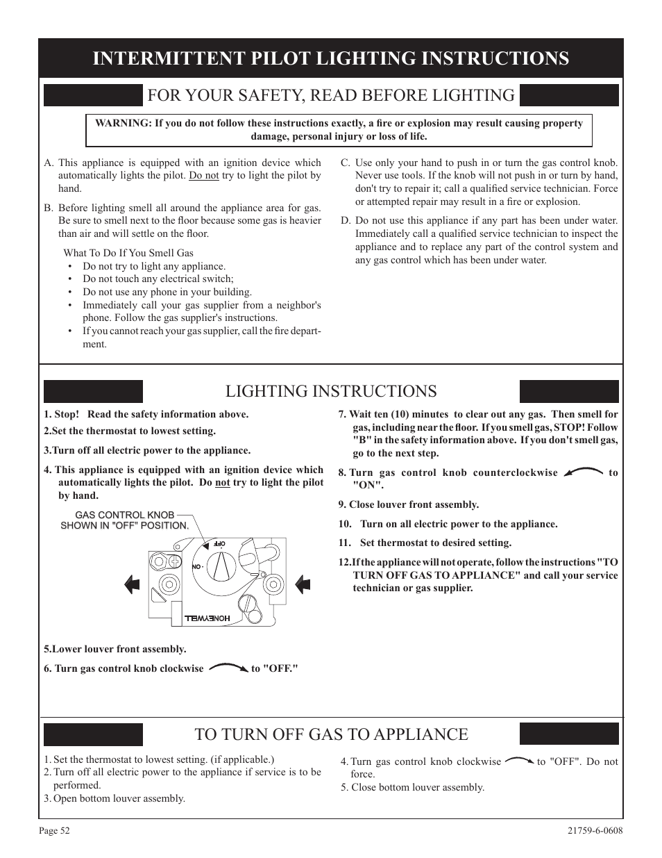 Intermittent pilot lighting instructions, For your safety, read before lighting, Lighting instructions to turn off gas to appliance | Empire Comfort Systems DVP48FP3  EN User Manual | Page 52 / 72