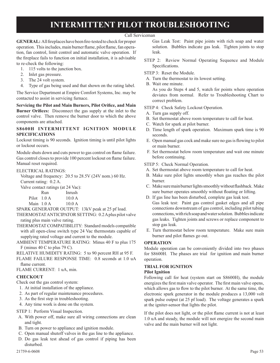 Intermittent pilot troubleshooting | Empire Comfort Systems DVP48FP3  EN User Manual | Page 53 / 72