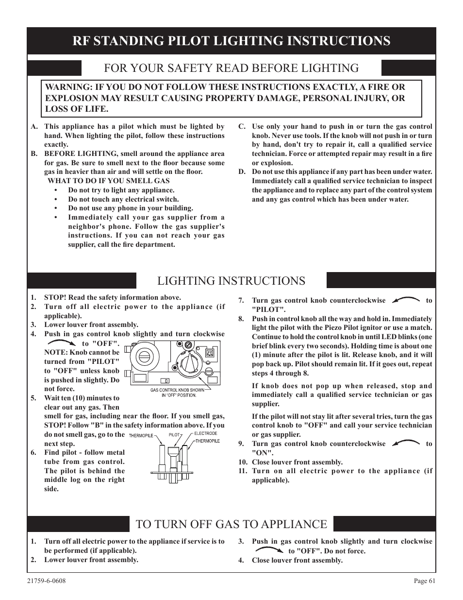 Rf standing pilot lighting instructions, For your safety read before lighting, Lighting instructions to turn off gas to appliance | Empire Comfort Systems DVP48FP3  EN User Manual | Page 61 / 72