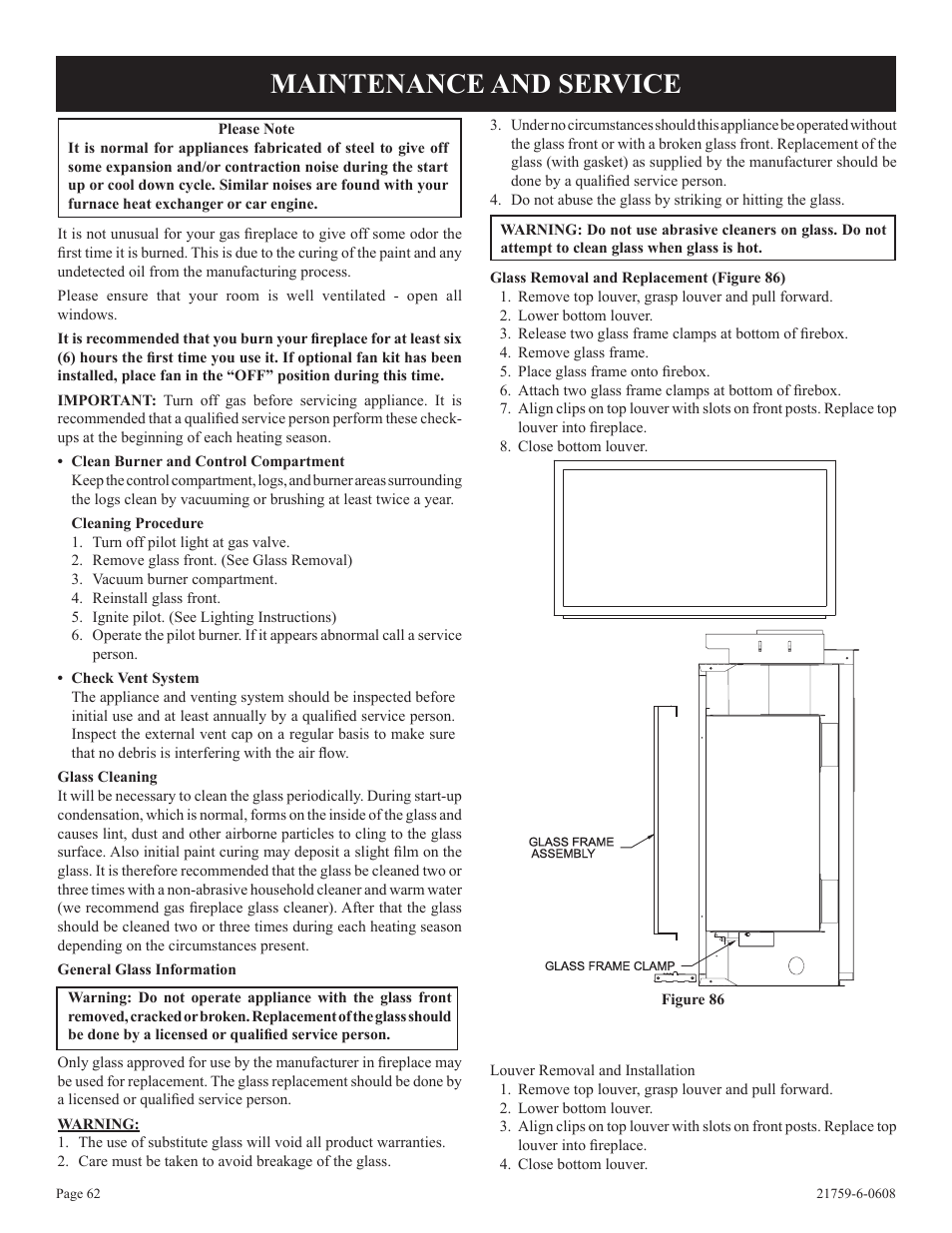 Maintenance and service | Empire Comfort Systems DVP48FP3  EN User Manual | Page 62 / 72