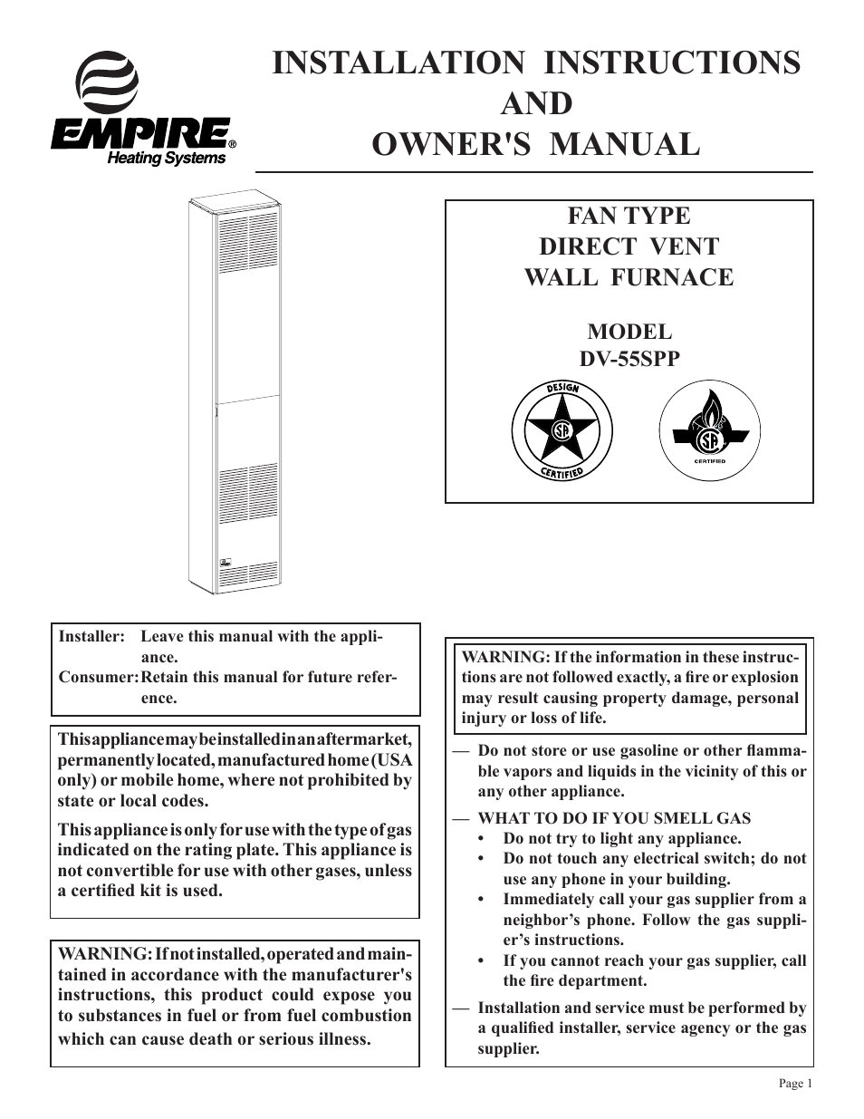 Empire Comfort Systems DV-55SPP User Manual | 20 pages