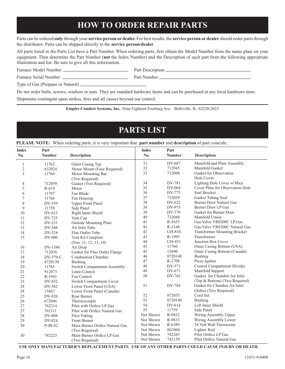 How to order repair parts parts list | Empire Comfort Systems DV-55SPP User Manual | Page 16 / 20