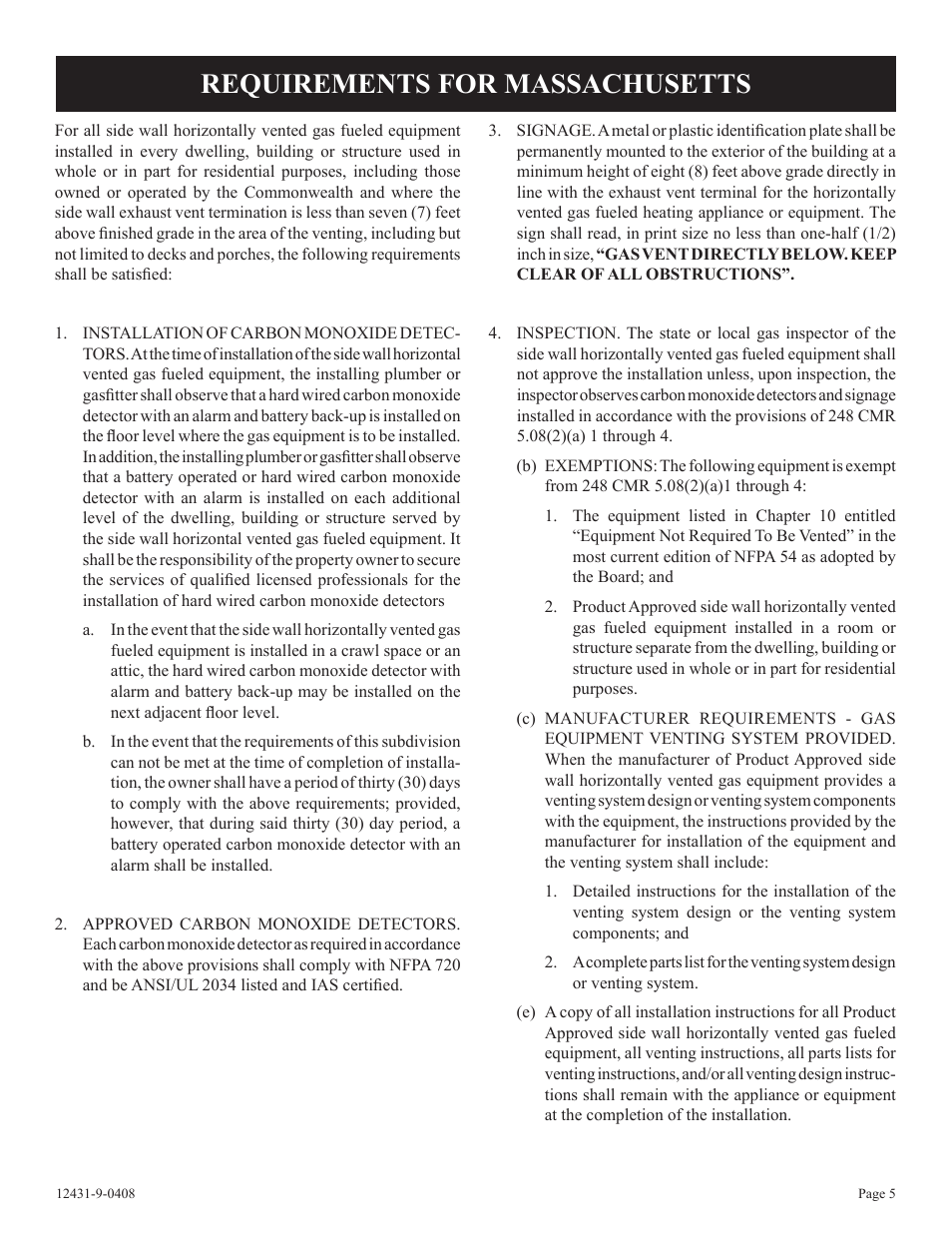 Requirements for massachusetts | Empire Comfort Systems DV-55SPP User Manual | Page 5 / 20