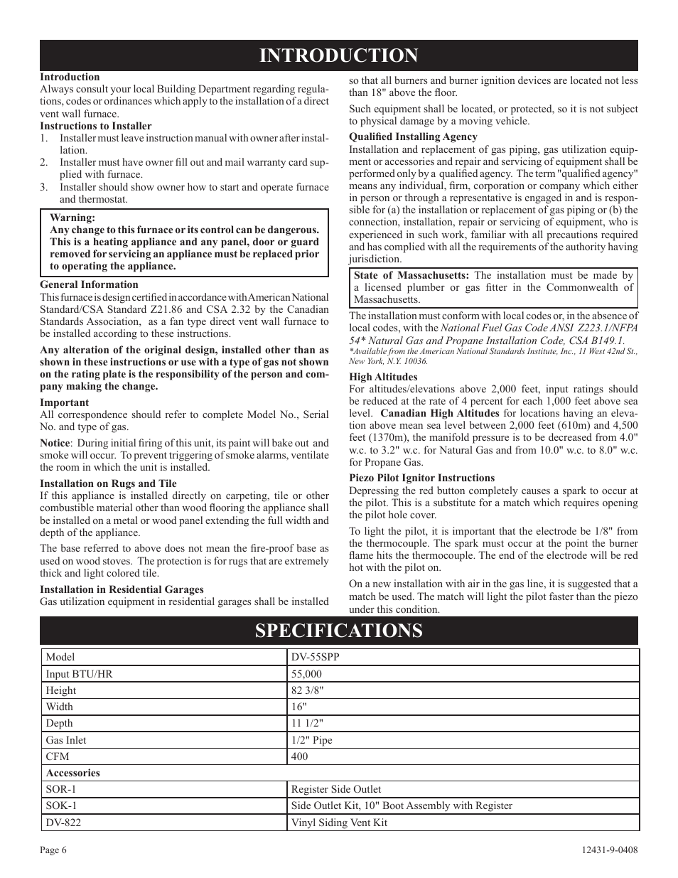 Introduction specifications | Empire Comfort Systems DV-55SPP User Manual | Page 6 / 20