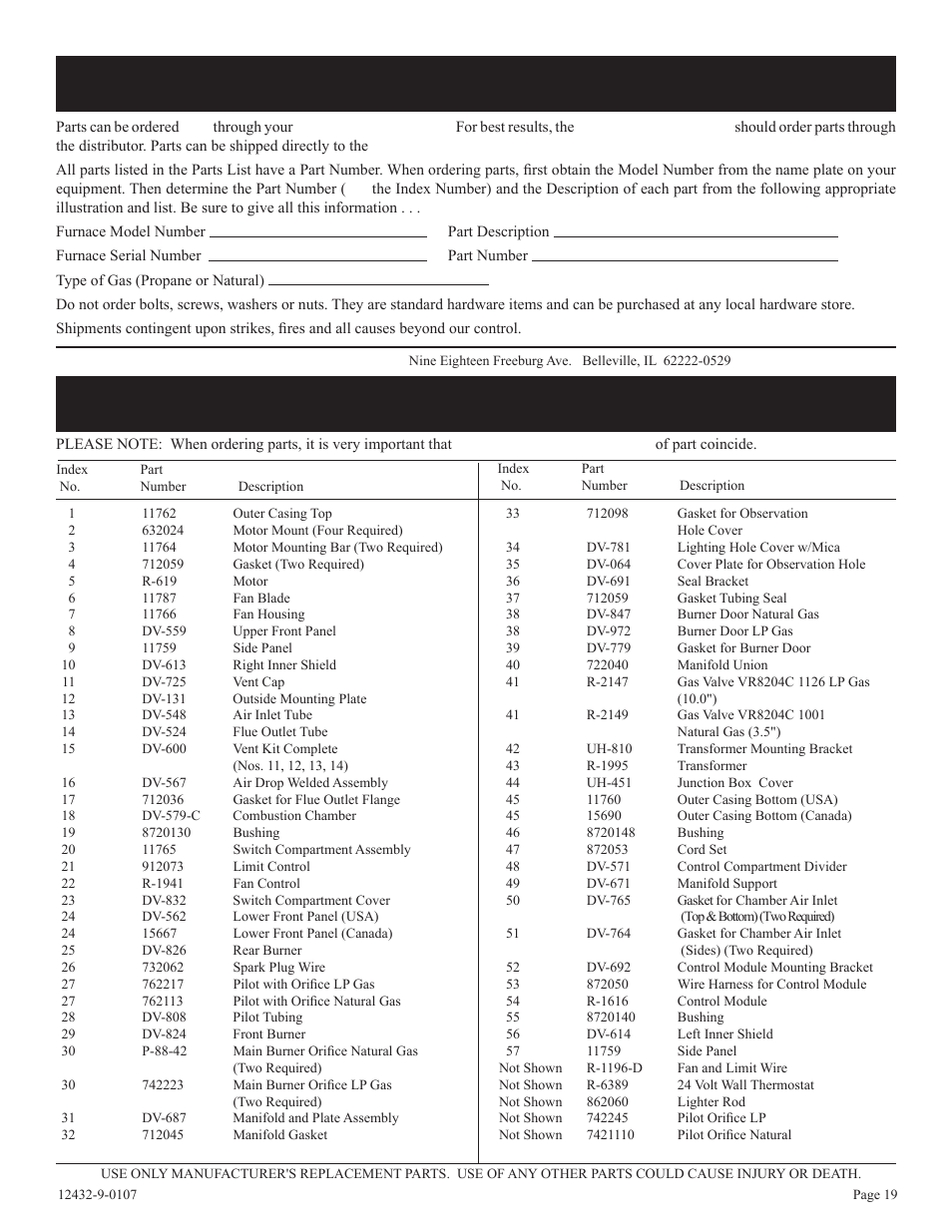 How to order repair parts parts list | Empire Comfort Systems DV-55IP User Manual | Page 19 / 20