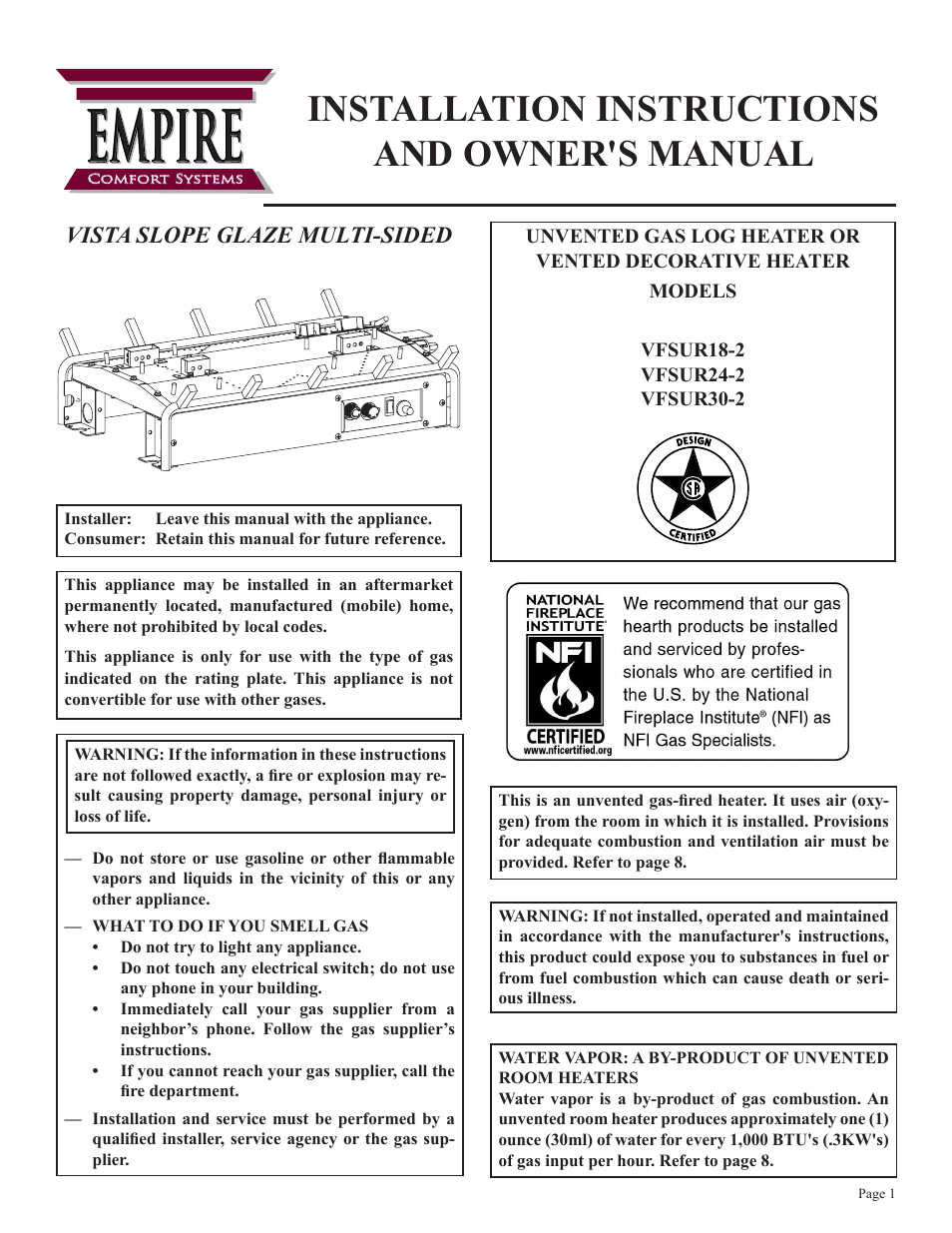Empire Comfort Systems VFSUR18-2 User Manual | 24 pages