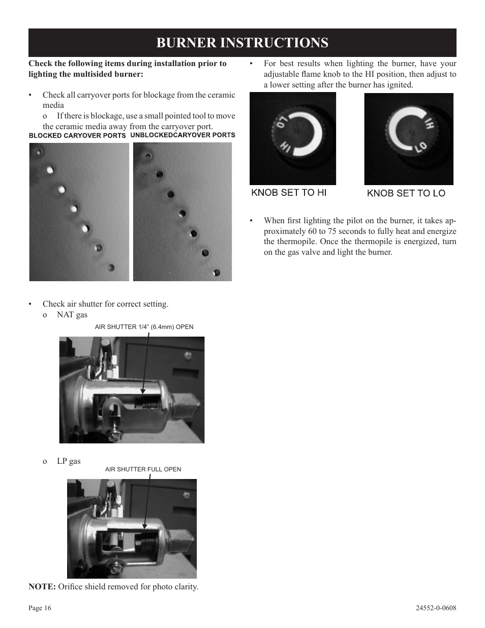 Burner instructions | Empire Comfort Systems VFSUR18-2 User Manual | Page 16 / 24