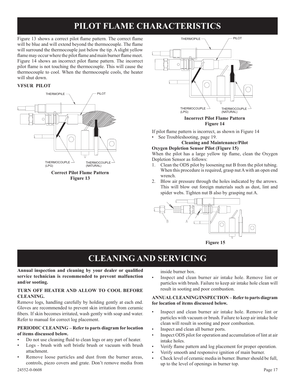 Pilot flame characteristics, Cleaning and servicing | Empire Comfort Systems VFSUR18-2 User Manual | Page 17 / 24