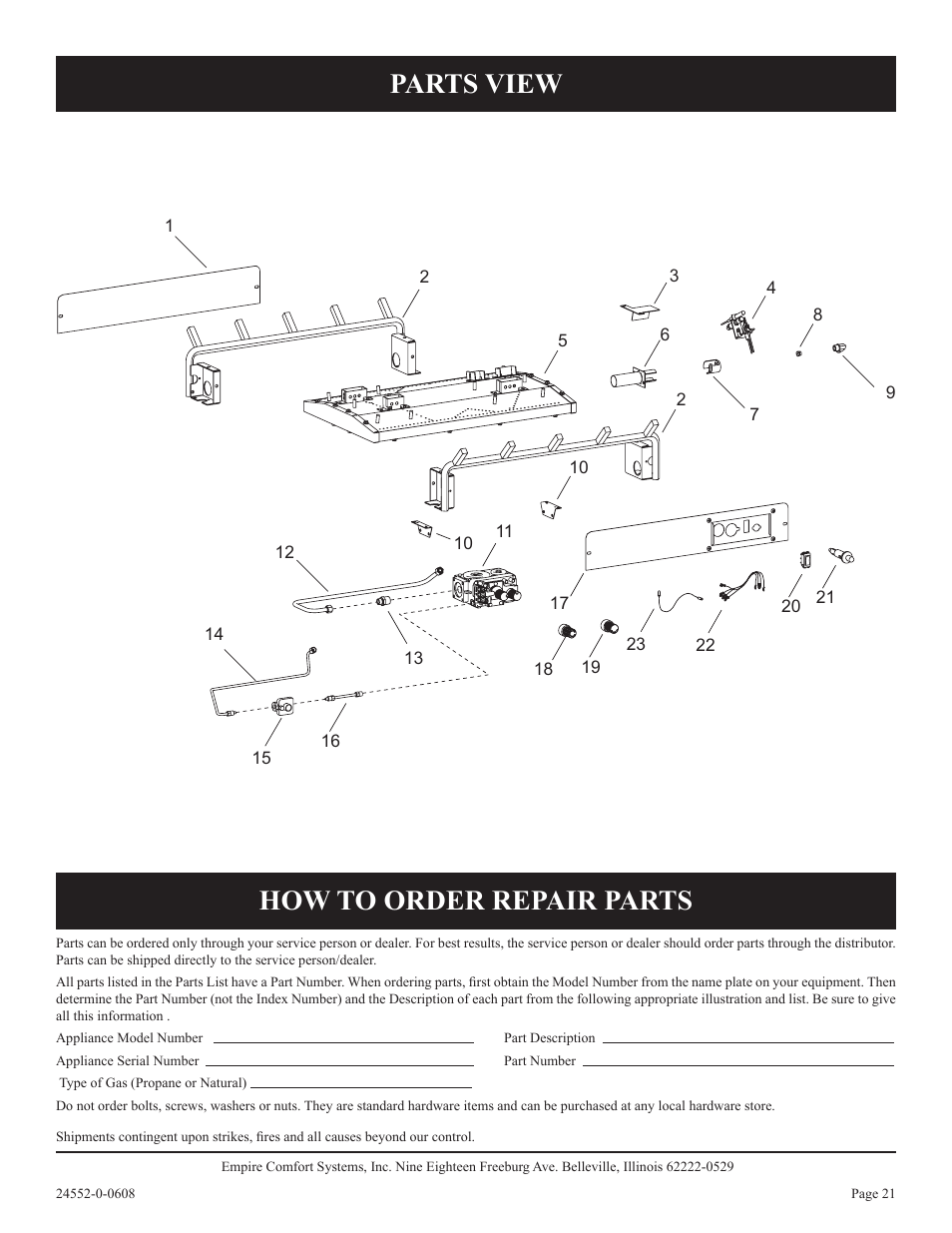 Parts view how to order repair parts | Empire Comfort Systems VFSUR18-2 User Manual | Page 21 / 24