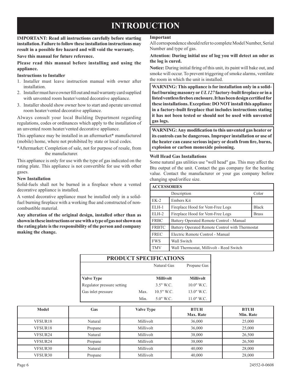 Introduction, Product specifications | Empire Comfort Systems VFSUR18-2 User Manual | Page 6 / 24