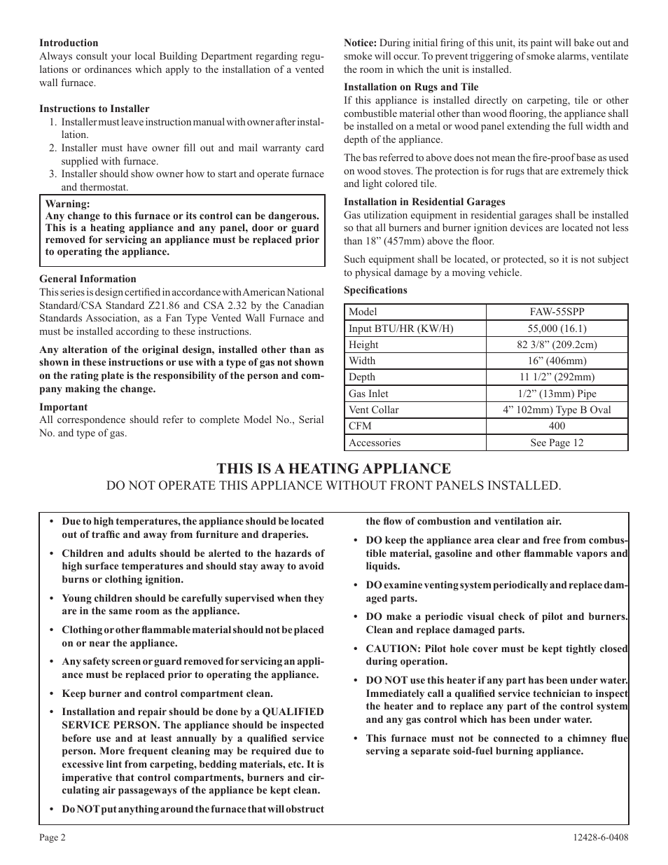 This is a heating appliance | Empire Comfort Systems FAW-55SPP User Manual | Page 2 / 12