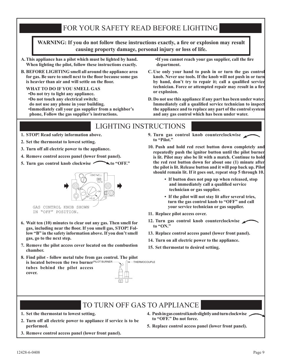 For your safety read before lighting, Lighting instructions | Empire Comfort Systems FAW-55SPP User Manual | Page 9 / 12