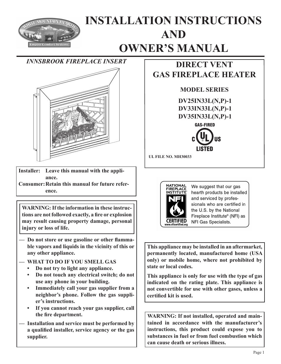 Empire Comfort Systems DV25IN33L User Manual | 28 pages
