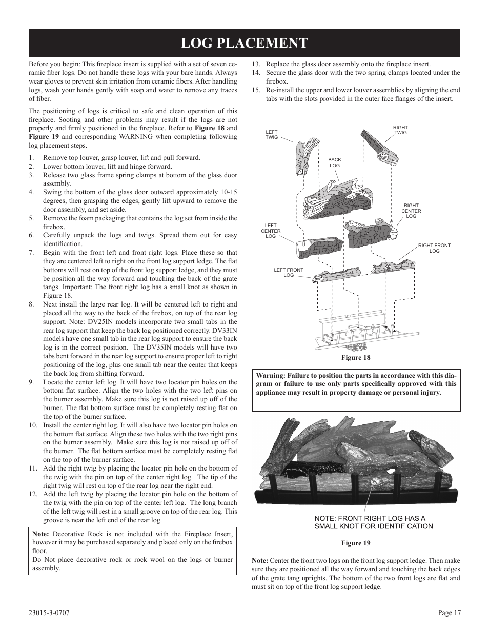 Log placement | Empire Comfort Systems DV25IN33L User Manual | Page 17 / 28
