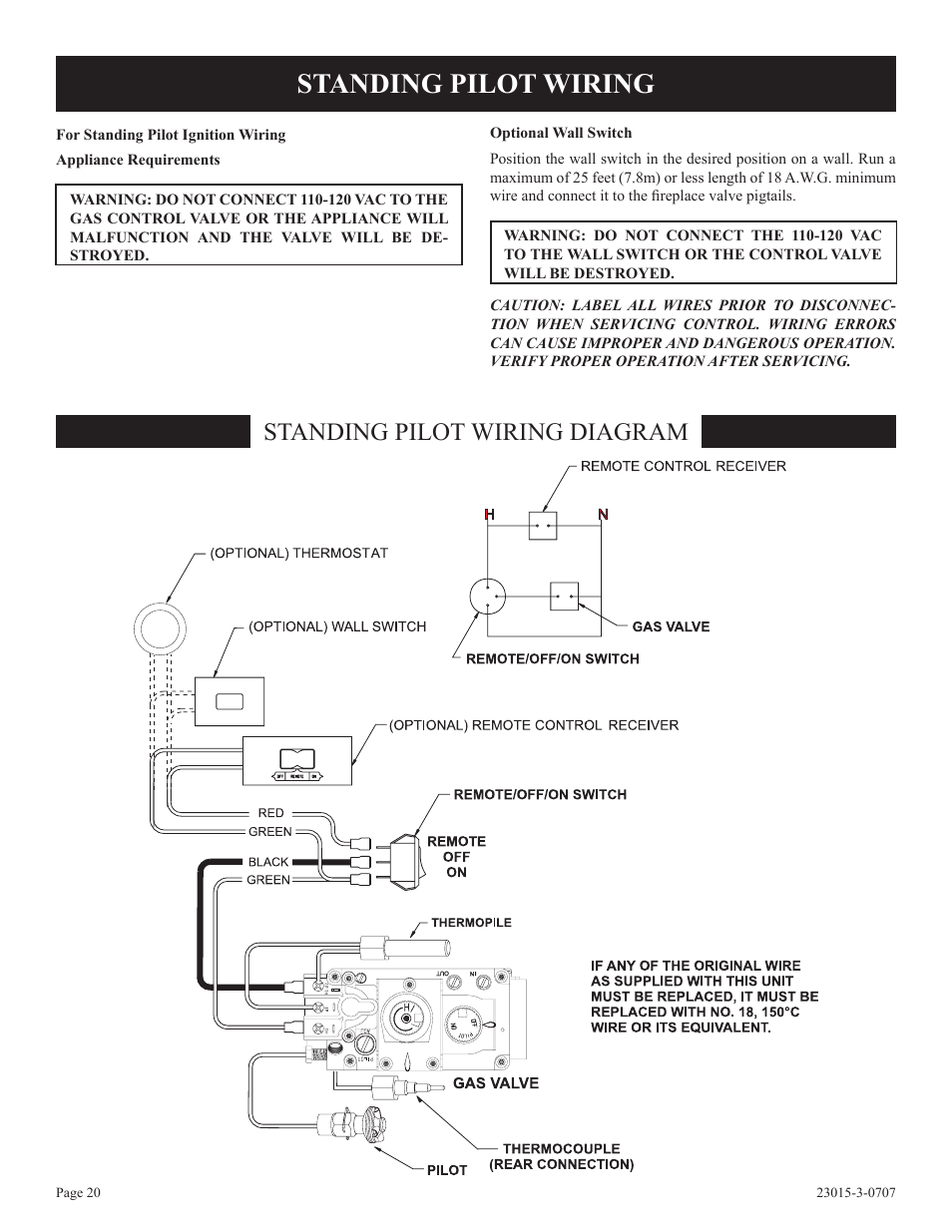 Standing pilot wiring, Standing pilot wiring diagram | Empire Comfort Systems DV25IN33L User Manual | Page 20 / 28
