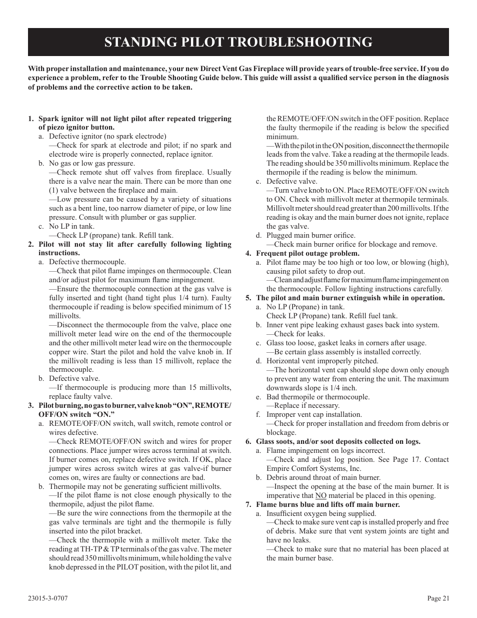 Standing pilot troubleshooting | Empire Comfort Systems DV25IN33L User Manual | Page 21 / 28