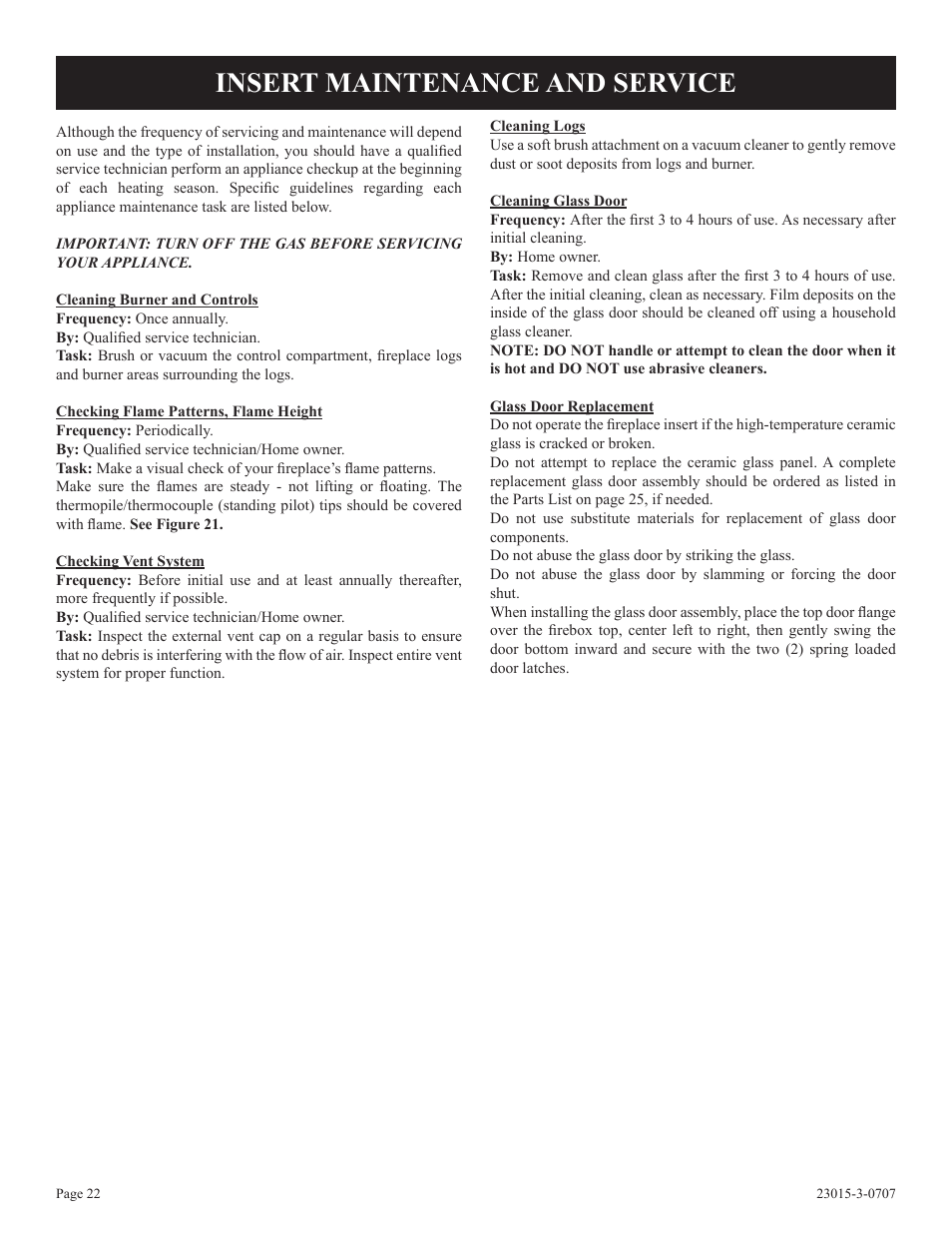 Insert maintenance and service | Empire Comfort Systems DV25IN33L User Manual | Page 22 / 28